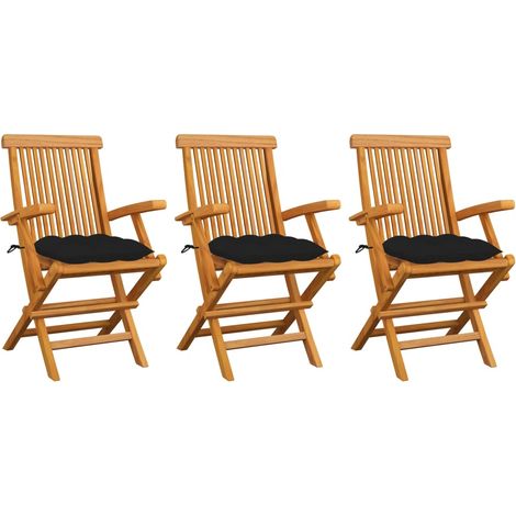 Lot de 3 Chaises de jardin avec coussins noir - Chaise d'extérieur pour terrasse/jardin Bois de teck massif BV628681 - BonneVie (1/5)
