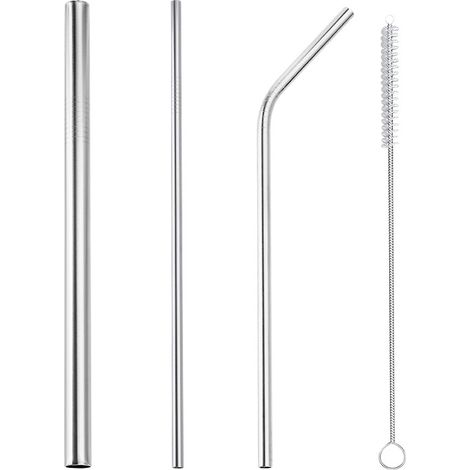 Pajitas de acero inoxidable 304, reutilizables, de metal, de curva recta, con cepillo de limpieza, juego de 4 accesorios para fiestas. (1/5)
