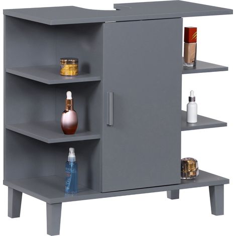 Relaxdays Waschbeckenunterschrank mit Tür und 6 Ablagen, HBT: 65x64x31 cm, MDF, Badunterschrank Waschbecken, grau