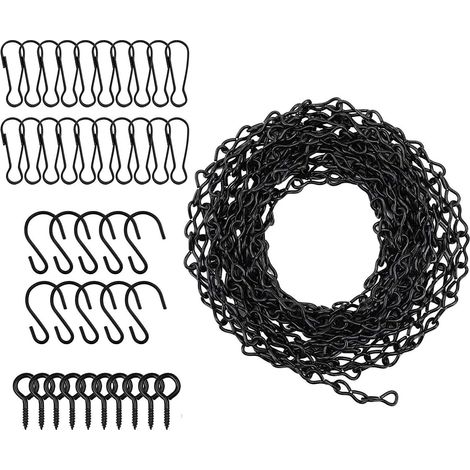 500CM Chaînes de Suspension Réglables avec 10 Crochets, 20 Clips, 10 Crochet à Oeil à Vis, Chaîne en Acier Noir pour Suspendre Mangeoires À Oiseaux, Jardinières, Tableaux Noirs, Lanternes