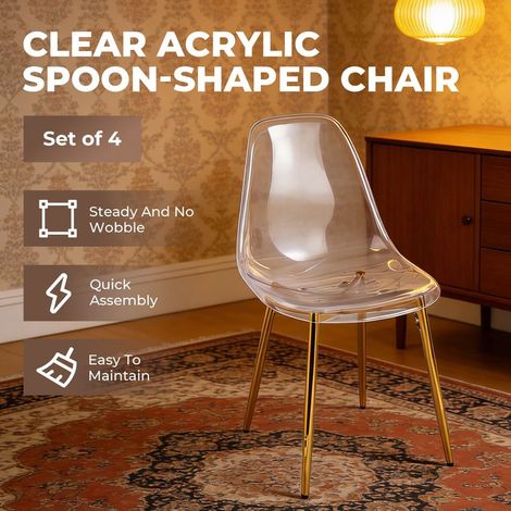 Chaises cuillères en acrylique PET transparent (pieds dorés glamour) - Ensemble de 4 pièces, chaises de salle à manger modernes et chics (1/4)