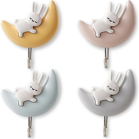 Lot de 4 crochets muraux mignons pour la maison, le rangement, le bureau et la cuisine (lapins 4 couleurs) (1/5)