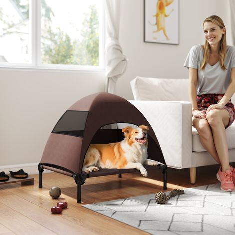Hundeliege Outdoor mit Dach, Erhöhtes Hundebett für Mittelgroße Hunde, 76 x 61 x 71cm, Kaffee (1/5)