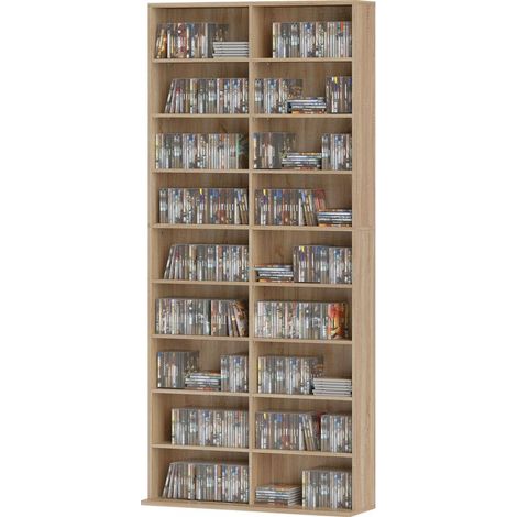 Rangements pour CD et DVD 18 compartiments capacité max. 640 CD/360 DVD 430 Blu-ray 78,5 x 24 x 175 cm bois naturel (1/5)