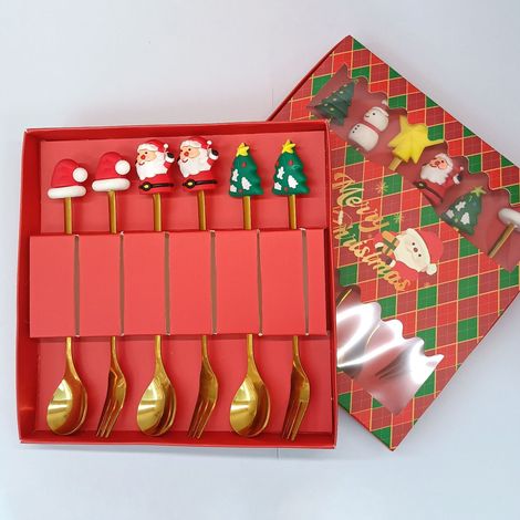 Coffret cadeau cuillère et fourchette en acier inoxydable avec motifs de Noël (ensemble de 6 pièces dans une boîte rouge de Noël) (1/4)