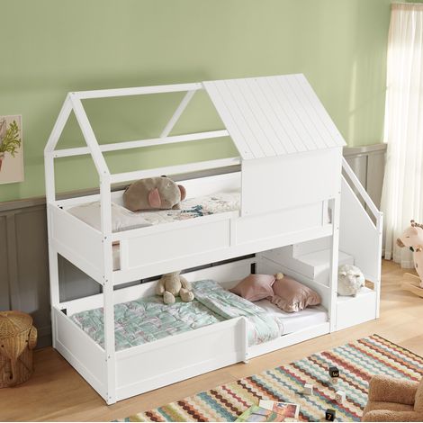 Letto a castello 80x200 cm bianco in legno massello con scala laterale e protezioni (1/5)