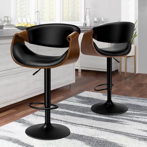 ALFORDSON 360° Swivel Wooden 2x Bar Stools, Height Adjustable，Footrest, PU Leather,Back Support for Home Bar, Counter, Breakfast Nook, Kitchen, Black