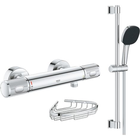 Mitigeur douche thermostatique GROHE Precision Feel + Ensemble de douche 2 jets avec barre + Panier porte-savon