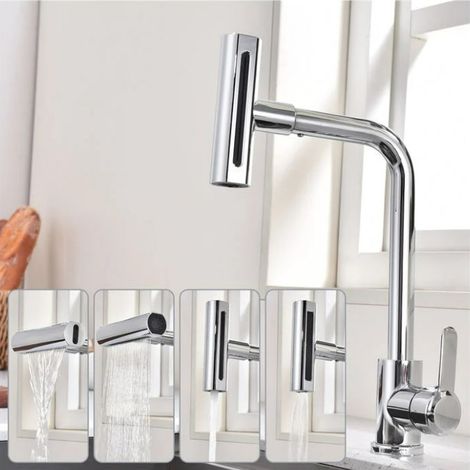 Robinet de Cuisine avec 4 Jets au Choix Robinet Cascade Mitigeur de Cuisine Pivotant 360° Mitigeur d'Évier Robinetterie Cuisine en Acier Inox Chr (1/5)