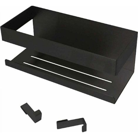 Shower Shelf, No-Drill Shower Shelf, Stainless Steel Bathroom Shelf, Shower Storage, Adhesive Shower Caddy for Shampoo, with Set of 2 Hooks, Matte Black (1/5)