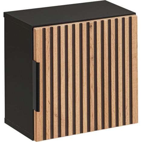 Wandschrank KINOKO – 1 Tür – Ausführung in natürlicher Holzlattenoptik und Schwarz – B35 × T22 × H35 cm – Zum Aufhängen