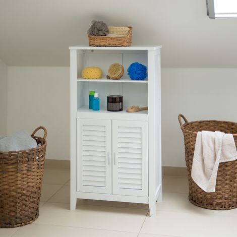 Relaxdays Badezimmerschrank weiß LAMELL, Badschrank aus Bambus, Telefonschrank, HBT: 92 x 50 x 25,5 cm