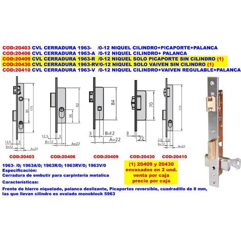 Cerradura met.emb. 22x12mm 1963v/0 niq rod/pal cvl