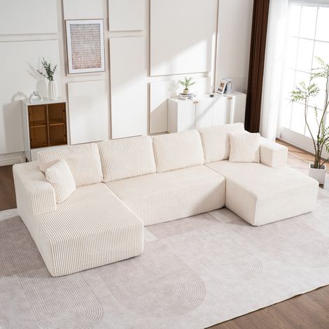 Canapé U 332/156/88 cm en velours côtelé blanc avec 6 coussins et sans montage (1/5)