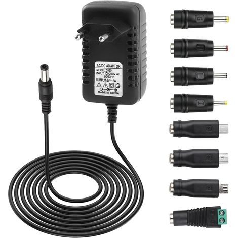5V 3A Adaptateur Universel Alimentation AC 100-240V à DC 5V Transformateur avec 8pcs Tips pour Caméras Numériques Routeurs Haut-Parleur Boîte TV Bande Lumineuse (1/5)