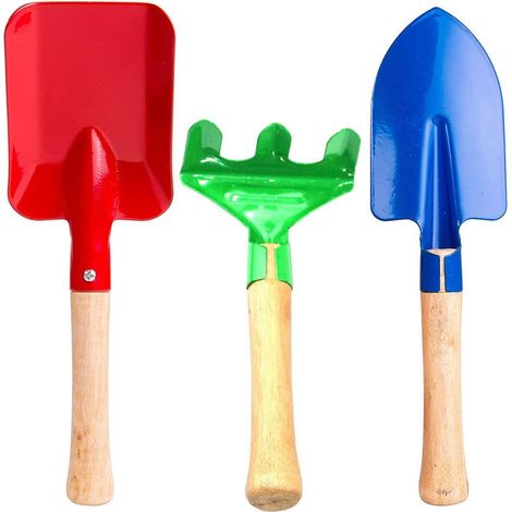 Ensemble de 3 outils de jardin, truelle, râteau, pelle, métal avec manche en bois, pour enfants 3-13 ans et adultes (1/5)