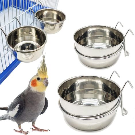 Lot de 2 Mangeoires Acier Inoxydable Crochet Suspension 4 Tailles Bol Nourriture Oiseau Perroquet Chien