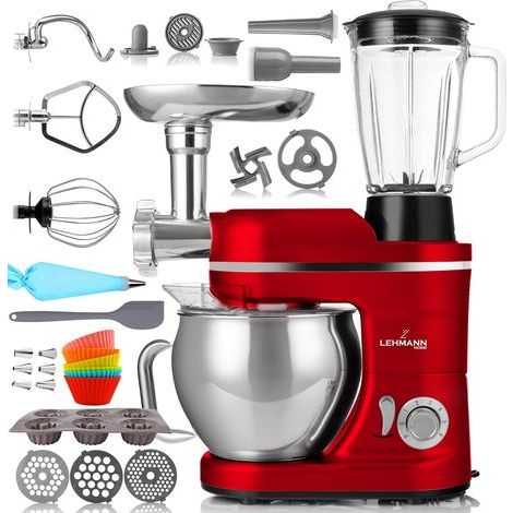 Machine De Cuisine Universelle 3 En 1 Avec Système De Battement Planétaire Multifonctionnelle Avec Hachoir À Viande Presse-Agrumes De 1,5 L Bol En Acier Inoxydable De 5 L (Rouge) (1/5)