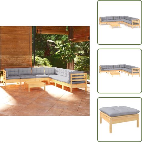 8-tlg. Garten-Lounge-Set mit Grauen Kissen Kiefer Massivholz - Garten Lounge Set - Kiefernholzmöbel - Outdoor Möbel - Gartentisch - Gartenstuhl