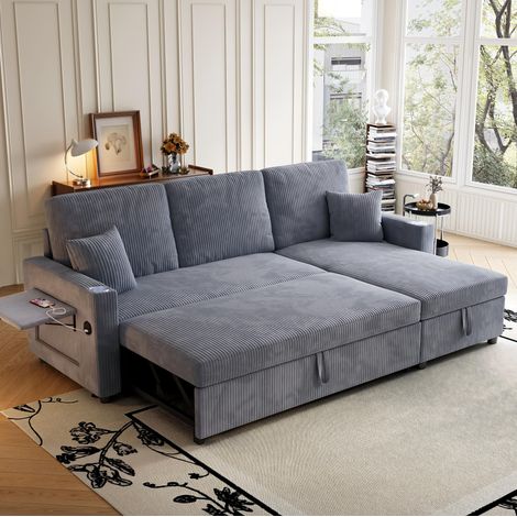 Divano letto angolare modulare in velluto a coste grigio con contenitore, tavolino, porte USB/Type-C e portabicchieri (1/5)