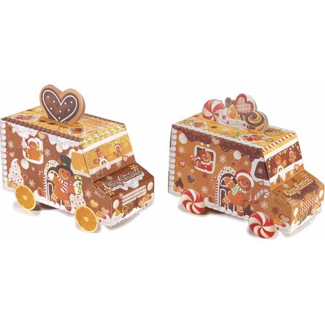 Boîtes cadeau de Noël en forme de camionnette, imprimé bonshommes pain d'épices et friandises, lot de 40, 15 x 7 x H. 13 cm