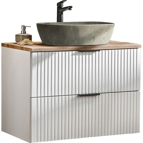 Badmöbel Waschtisch Unterschrank Set 80 cm matt weiß mit Wotaneiche, 2 Softclose Schubkästen, Keramik-Waschbecken Betonoptik (1/5)