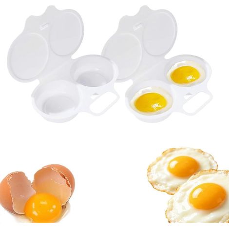 2 piècesblancCuiseur à œufs pour micro-ondes à 2 cavités, plateau vapeur en plastique résistant à la chaleur, ustensile de cuisine facile à nettoyer pour préparer rapidement des œufs pochés au petit-d (1/5)