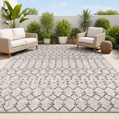 Tapis Tissu texturé géométrique marocain Intérieur/Extérieur Gris/Noir 240 cm x 300 cm, bohème, Facile à Nettoyer, Salon, Cour, Anti-Peluche (1/5)