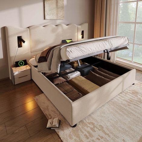 Letto matrimoniale contenitore 252x215x111 cm, testiera ondulata con lampada da lettura, USB e Type C, lino beige (1/5)