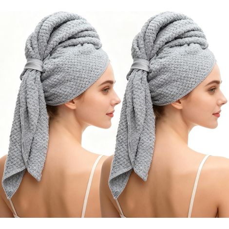 2 Serviette Microfibre Cheveux, Serviettes Grises avec Bande élastique, séchage Rapide et Super absorbantes pour Cheveux Longs (100 x 60 cm) (1/5)