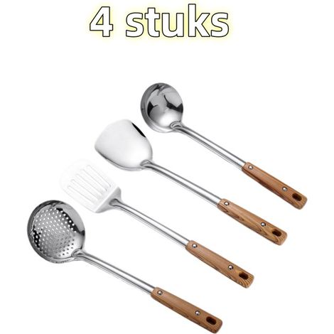 Ensemble d'ustensiles de cuisine 4 pièces - Cuillère à soupe - Spatule - Écumoire - Wok - Acier inoxydable - Convient pour une utilisation en cuisine - Couleur bois (1/5)