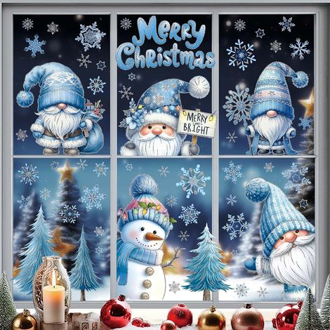 116 PCS decoration noel stickers noel fenetre,3D decoration noel exterieur,deco noel,décoration noel,Bleu avec paillettes argentées (1/5)