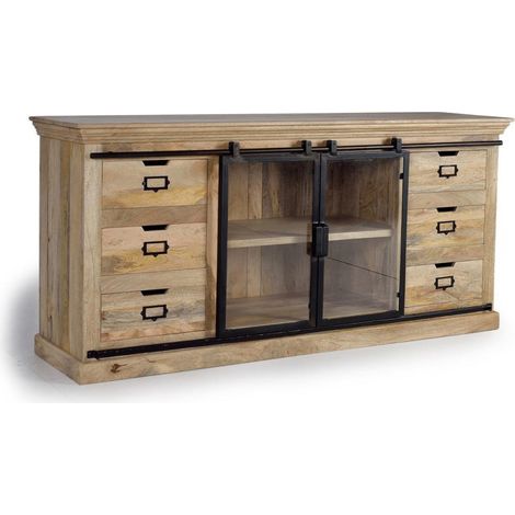 Buffet en bois de mangue et métal noir – 180 cm largeur, 85 cm hauteur, 45 cm profondeur – Style industriel moderne avec 6 tiroirs – Decoration D’Autrefois