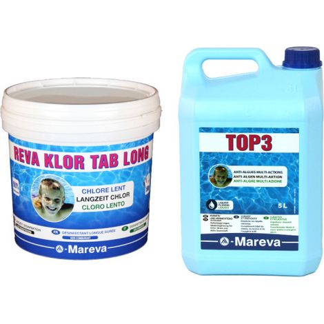 Pack MAREVA Désinfectant longue durée Reva-Klor tab long 2 - 5kg en galets de 500g - Top 3 Anti-algues multi-actions - 5 L