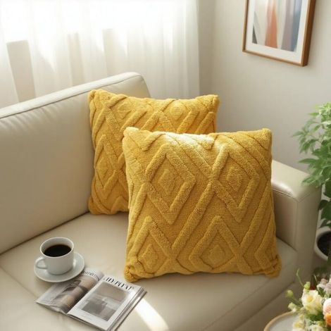 Housses de coussin jaunes - motif à carreaux doux, style bohème - idéales pour le salon, la chambre, etc. - Lot de 2, 45×45cm (1/5)