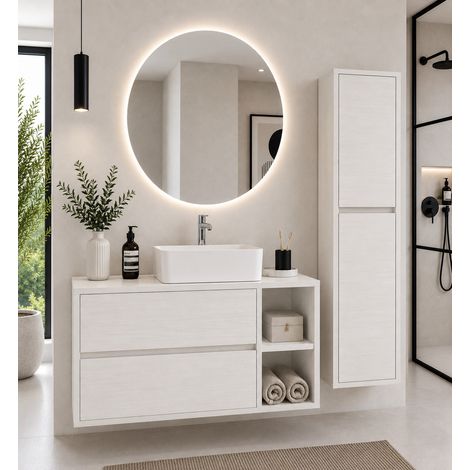 Mueble de baño con encimera de madera y lavabo sobreencimera ORIGENBATH ZEUS sin espejo 80x45 cm derecha Blanco nordico con columna (1/5)