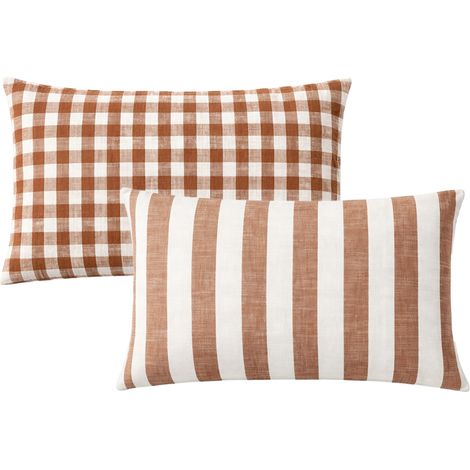 Housse de coussin recto-verso 100% coton rayures et vichy LOURMARIN Terracotta 45x70 cm (1/3)