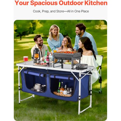 Table de cuisine de camping, 3 hauteurs réglables, table de cuisson extérieur pliante, portable et légère, en aluminium, avec organisateur de rangement, pour barbecue, pique-nique, voyage, bleu (1/5)