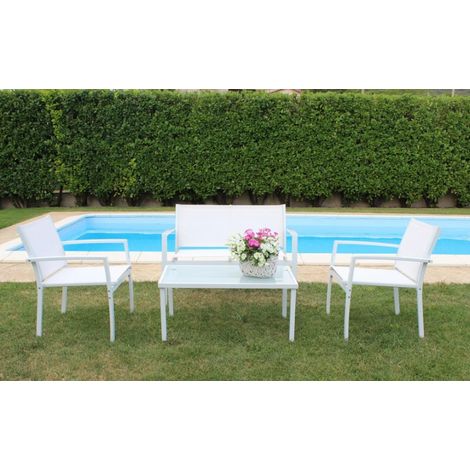 Abitare – Salon de jardin 2 places en fer et textilène blanc – Table L 90 x P 50 x H 41 cm – Chaises avec accoudoirs L 60 x P 62 x H 78 cm (1/2)