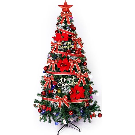 Sapin de Noël Artificiel 210CM, 1100 Branches, Matériel PVC Arbre de Noël, Avec ceinture décorative rouge, avec Socle en Métal, Décoration de Noël (1/5)
