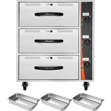 Chauffe-tiroirs professionnel électrique, armoire chauffante 3 tiroirs en acier inoxydable, meuble sur pied, thermostat réglable 30-85 °C, pour restaurant, hôtel, buffet et boulangerie (1/5)