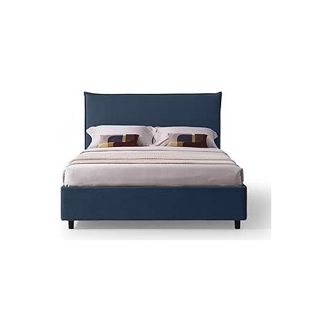EVERGREENWEB Letto Matrimoniale con CONTENITORE 160x190 cm, Testiera in Tessuto Blu Imbottita, Design Moderno, DELHI (1/5)