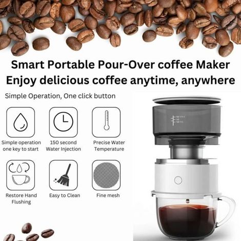 (white)Portable Travel Coffee Maker - Automatic Drip Function - 1 Cup - For Camping, Office, Home, Car (1/5)