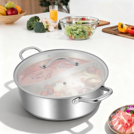 YISSALE – Casserole de 32 cm avec couvercle en verre - En acier inoxydable 304 - 2 compartiments - Style moderne - Pour les plaisirs de la famille et la commodité - En acier inoxydable (1/5)