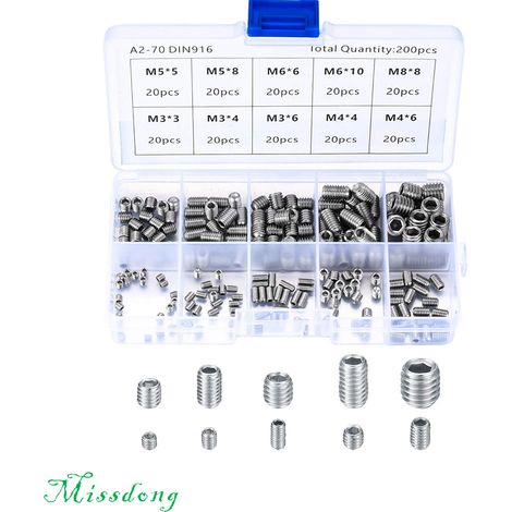 200 Pièces Vis Sans Tête en Acier Inox, M3 M4 M5 M6 M8 Vis à Métaux, Assortiment Kit de Fixations Vis Pointeau (1/4)