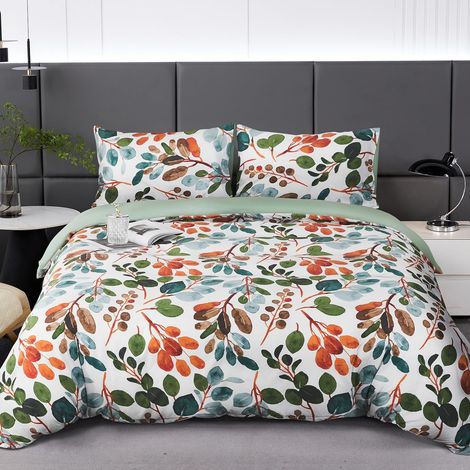 Parure de Lit Floral Microfibre à Motif Printemps Branches et Feuilles, 1 x Housse de Couette 220x240 cm 2 Personnes et 2 x Taies d'oreiller 65x65 cm Moderne avec Fermeture Eclair, Vert (1/5)