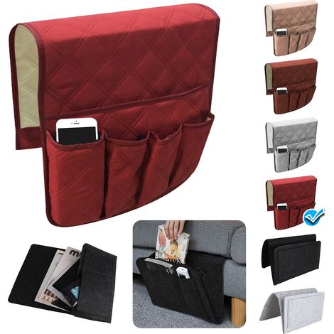 Housse de rangement antidérapante pour accoudoir de canapé ou fauteuil inclinable, double face, avec 5 poches pour téléphone, livre, magazines et télécommande - 89 cm x 33 cm (1/5)