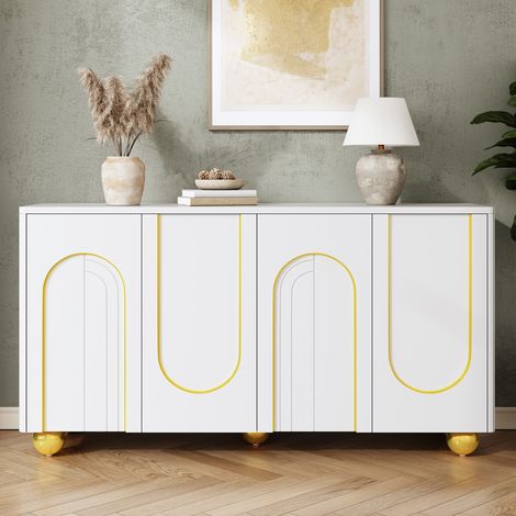 Buffet bas 4 portes, 140x40x74 cm,Meuble de rangement pour salon salle à manger et entrée, art déco avec arches dorées et pieds boules en métal, Blanc (1/5)