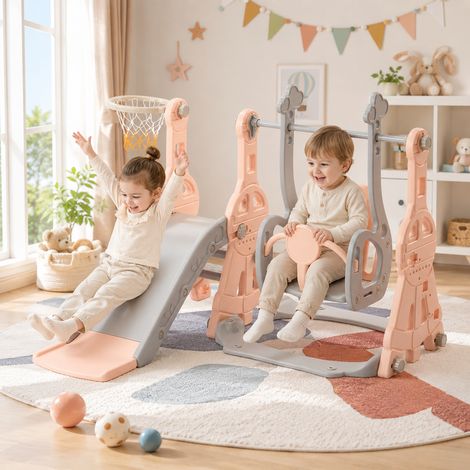 Aire de jeux 4 en 1, avec toboggan, balançoire, panier de basket et escalier, toboggan enfant pour l'intérieur et l'extérieur, rose
