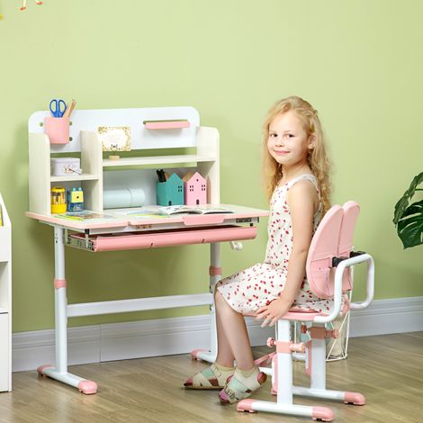 Bureau enfant réglable 3-12 ans - meuble chambre - coussins - acier et MDF - pupitre scolaire - plateau basculant - rose